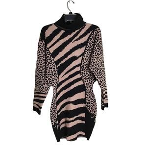 Rehab Lab Women Animal Print body Con Knit Mini Dress Cowl Neck Dolman/SL Sz Lrg